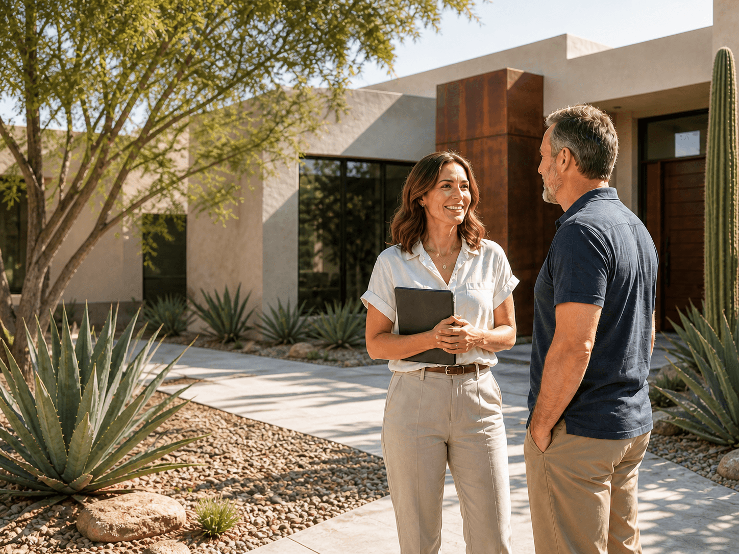 A local real estate advisor speaking with a homeowner outside an Arizona home